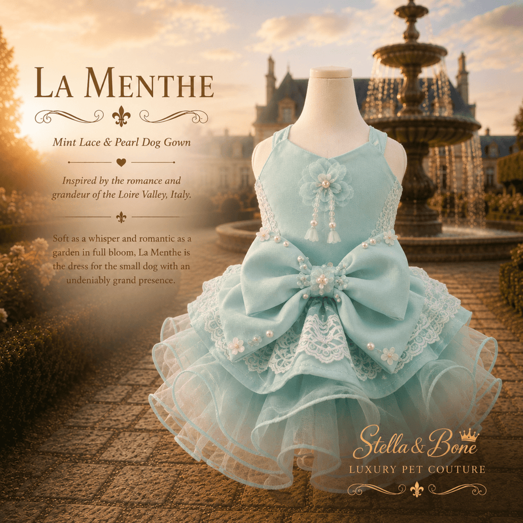La Menthe mint dog dress – organza flower with crystal bead and pearl tassel drop on layered ruffle skirt