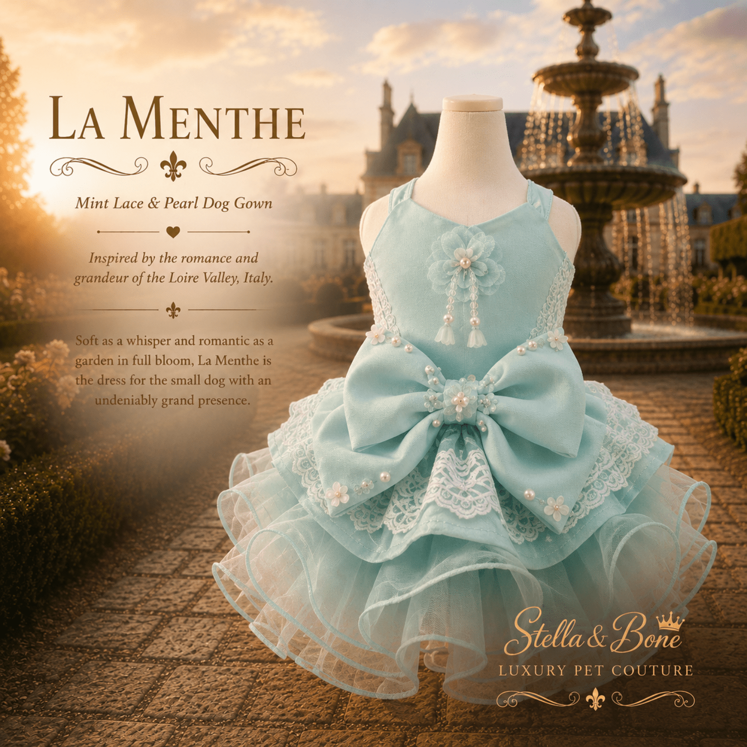 La Menthe mint dog dress – organza flower with crystal bead and pearl tassel drop on layered ruffle skirt