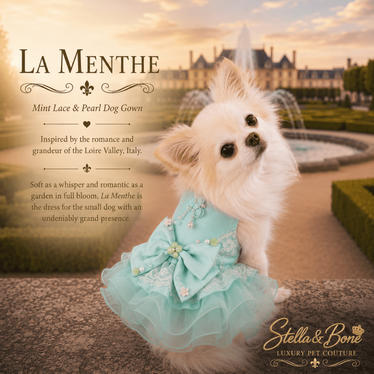 Chihuahua wearing La Menthe pearl embellished dog gown – scattered pearls and floral accents on cascading mint skirt