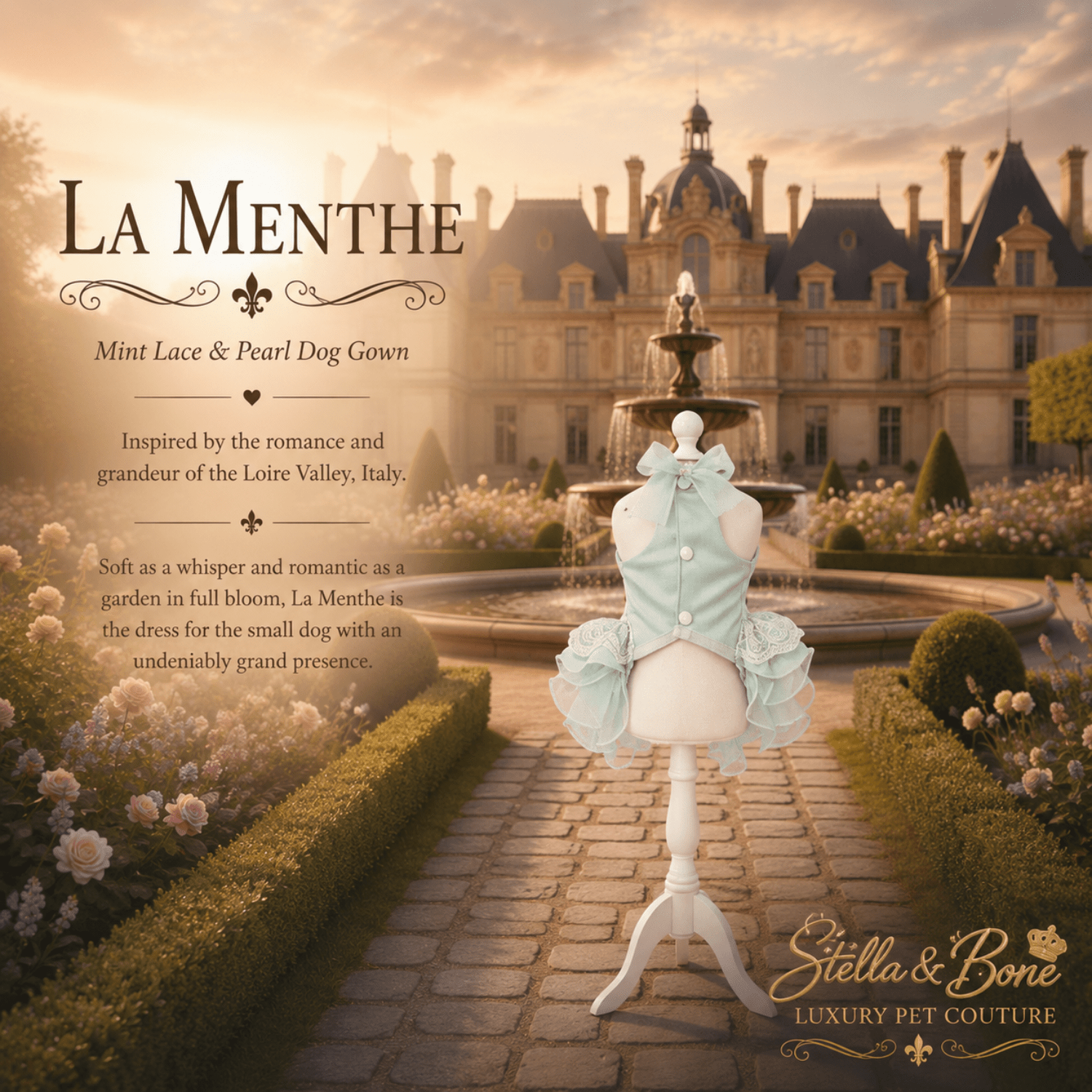 La Menthe luxury dog gown – dreamy mint lace and pearl dress for weddings milestone birthdays and photoshoots