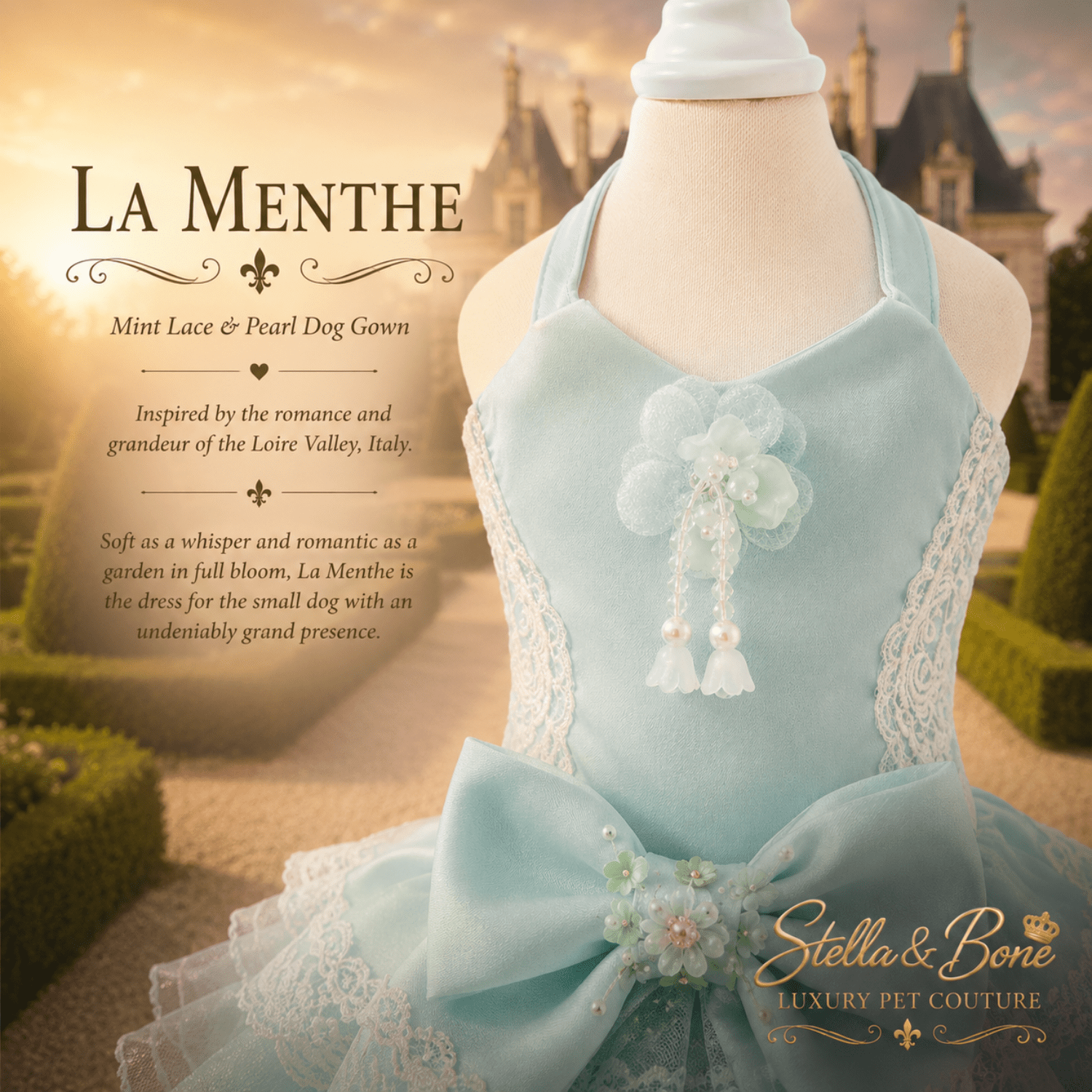 La Menthe mint satin dog dress – oversized bow with green flower center and back button closure. Perfect for wedding