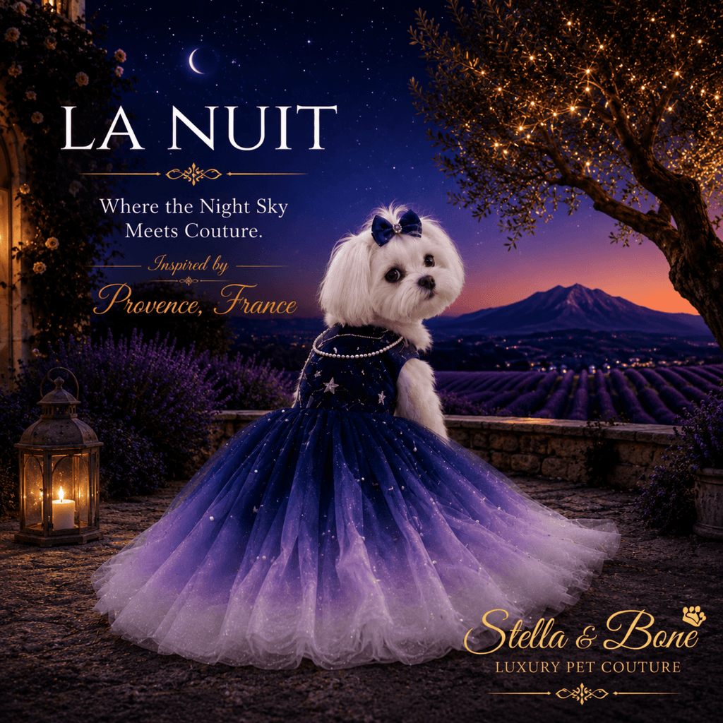 Maltese in La Nuit navy blue star gown overlooking Provence lavender fields — formal dog gown for weddings and photo shoots