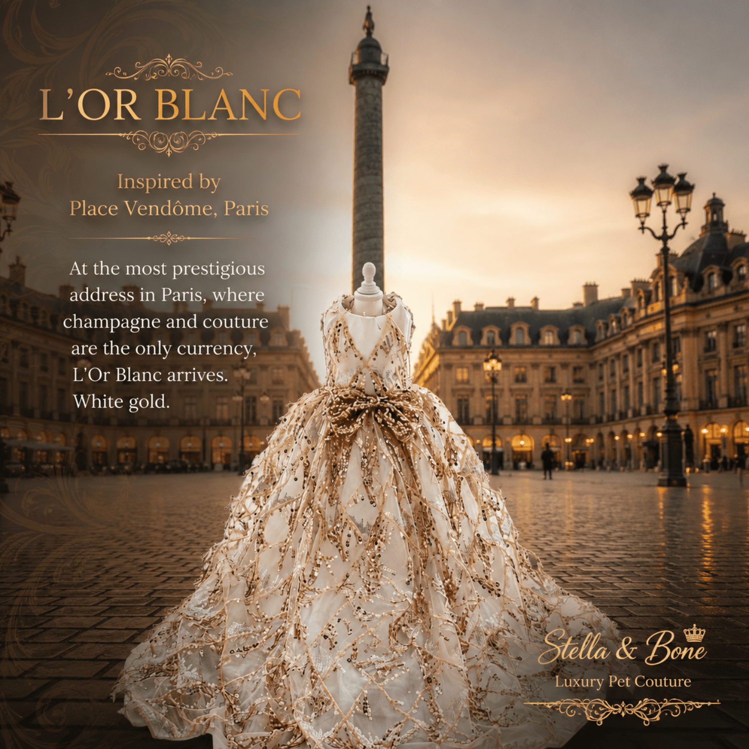 L Or Blanc, shimmering in champagne sequins, couture gown for dogs. Vendome, Paris - Luxury wedding
