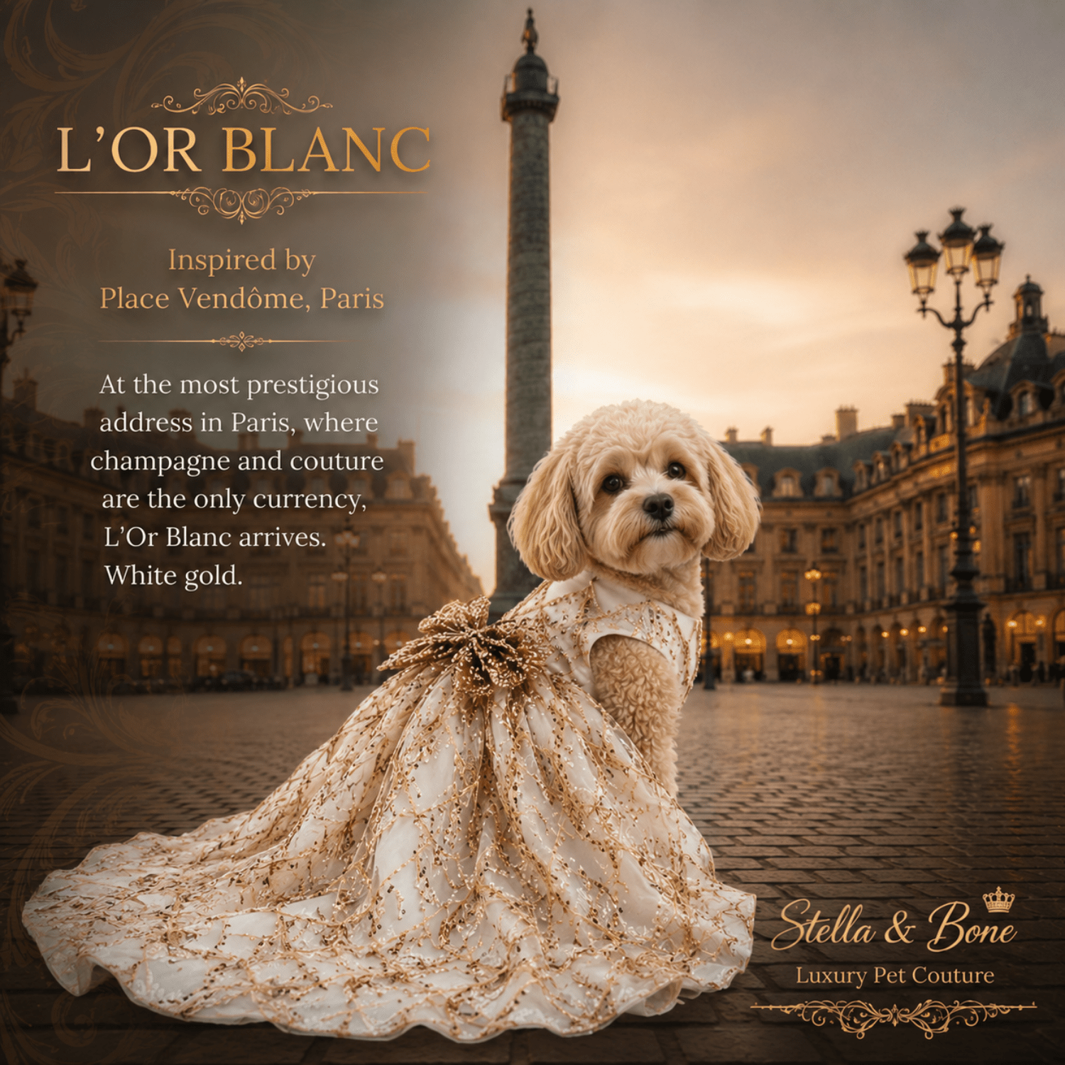 A small cream-colored dog wearing L Or Blanc, a Gold Sequin Couture Gown curated by Stella and Bone in Vendome, Paris