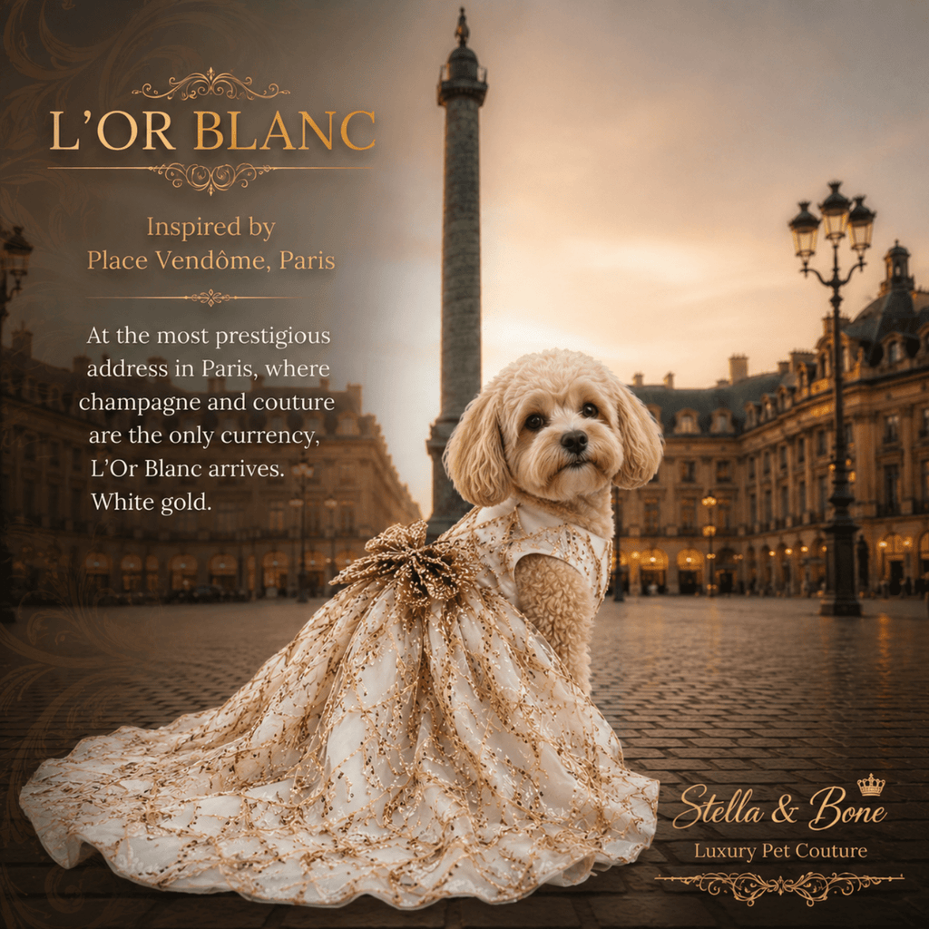 A small cream-colored dog wearing L Or Blanc, a Gold Sequin Couture Gown curated by Stella and Bone in Vendome, Paris