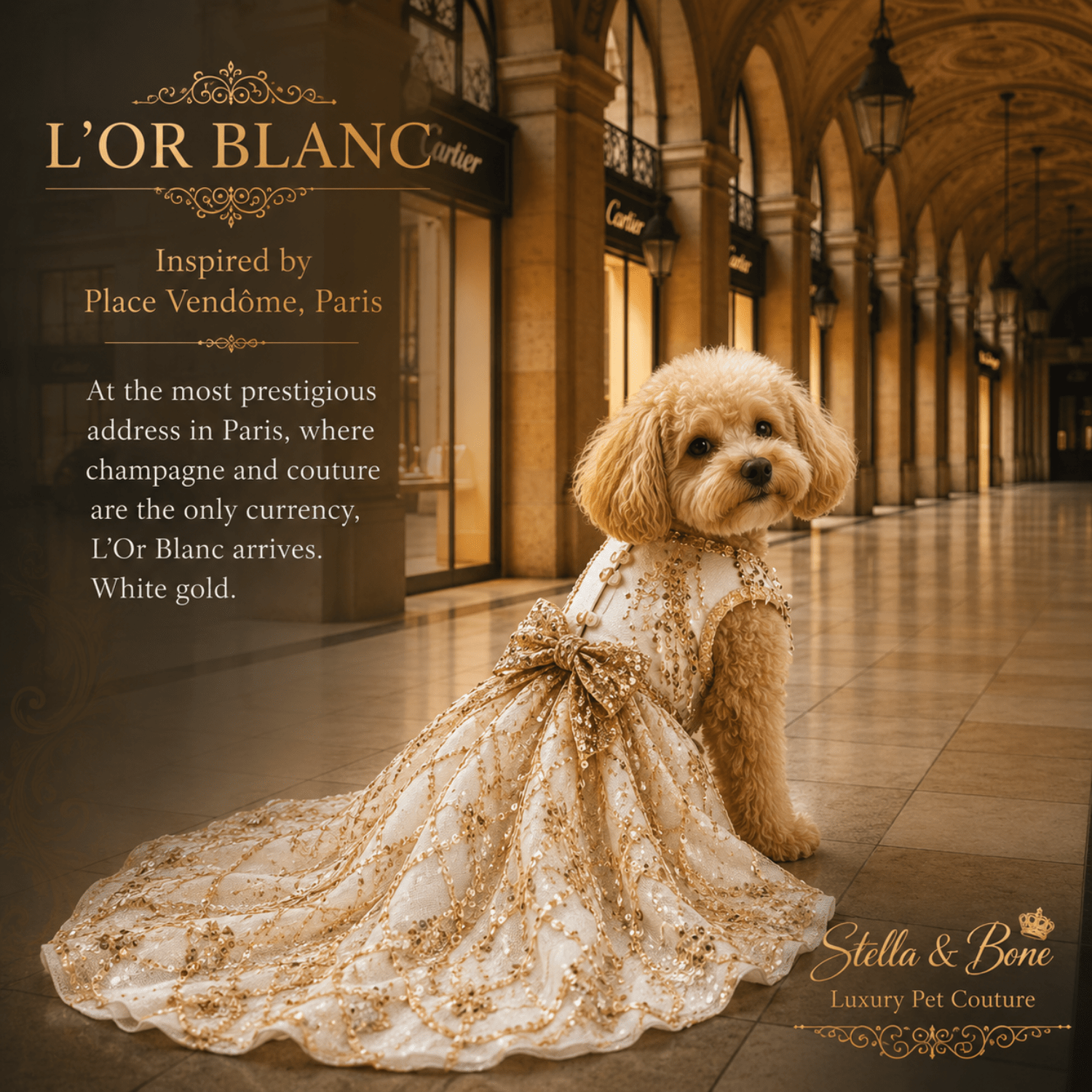 Small dog outside of luxury shops wearing L Or Blanc, a luxury gown where every sequin catches light - white gold for wedding