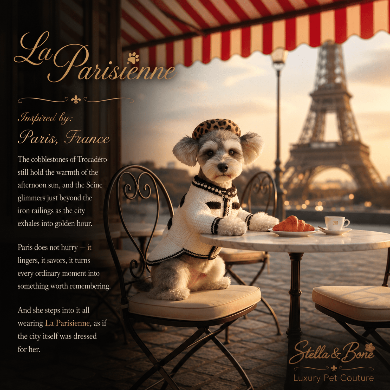 A dog dressed in La Parisienne sweater and hat sits at an outdoor cafe table with a cup and croissant, near Eiffel Tower