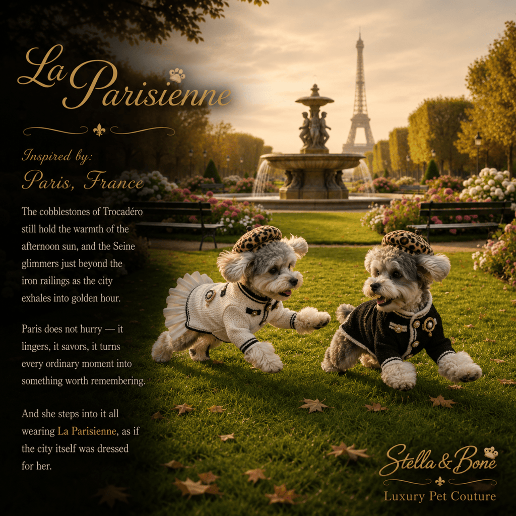 Two small dogs play dressed in La Parisienne. Couture-inspired knit design with Parisian aesthetic. Black and white colorways