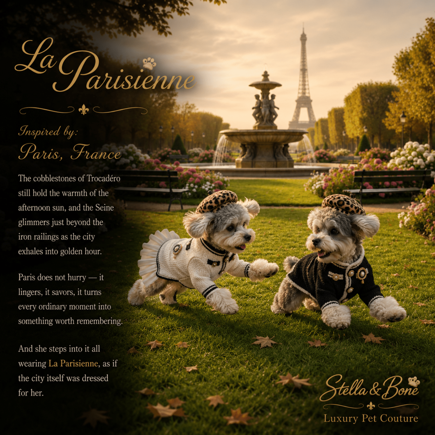 Two small dogs play dressed in La Parisienne. Couture-inspired knit design with Parisian aesthetic. Black and white colorways