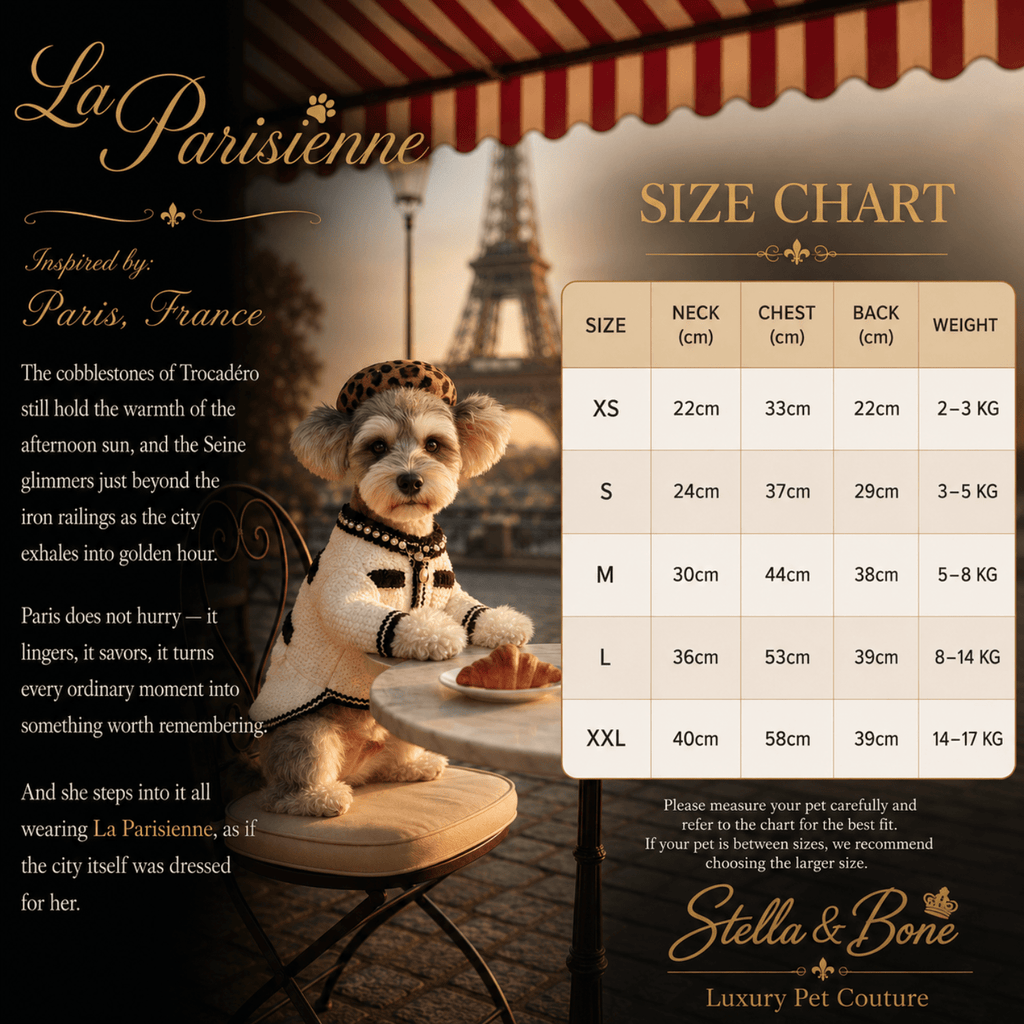 La Parisienne size chart graphic for Stella & Bone luxury pet couture, featuring a small dog dressed in a Parisian outfit