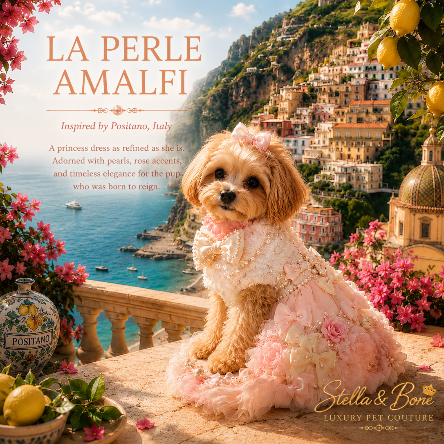 Cavapoo in La Perle Amalfi pink pearl rose dog dress on Positano terrace — princess dog gown for photo shoots