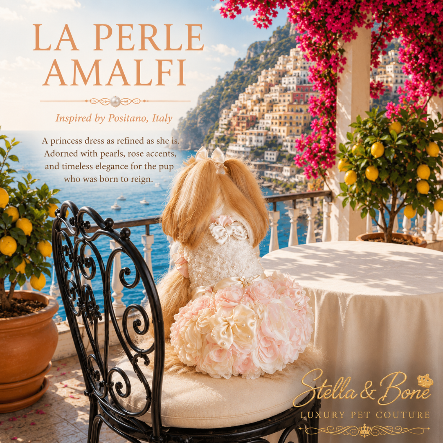 Shih Tzu in La Perle Amalfi pearl rose gown at Positano cliffside cafe — fancy dog dress for garden parties and weddings