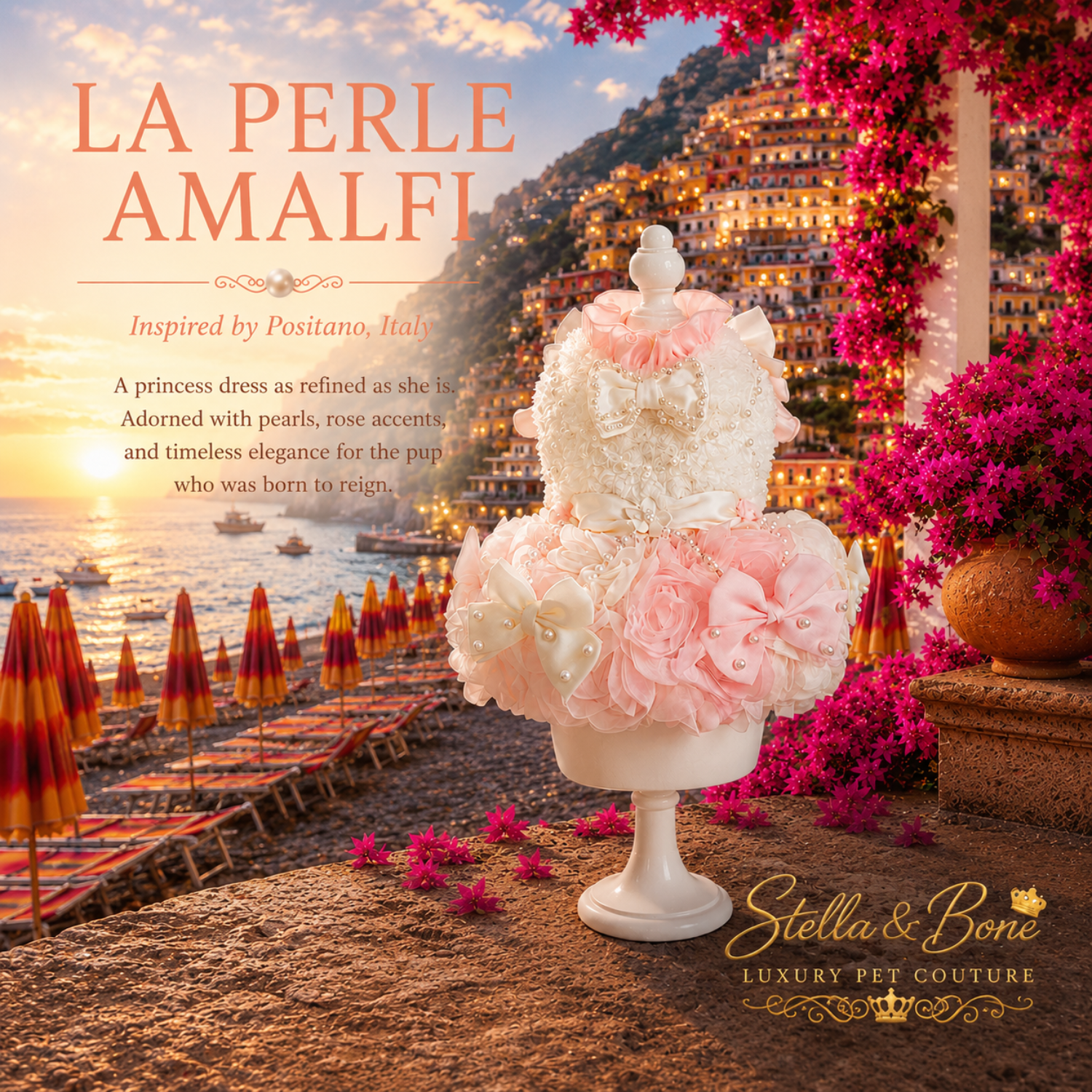 La Perle Amalfi pink pearl rose princess gown on mannequin at Positano Italy — luxury dog gown for weddings, birthday
