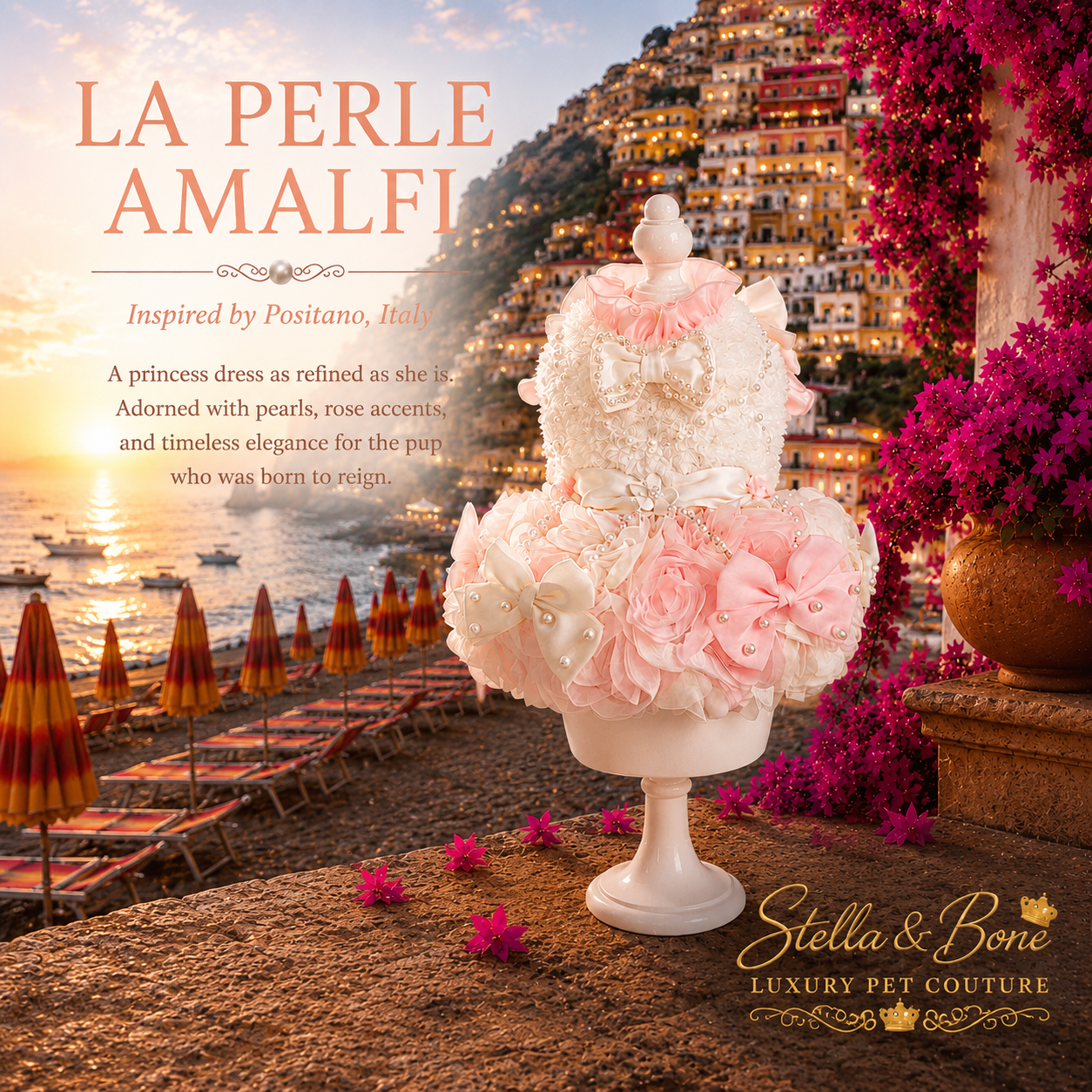 La Perle Amalfi, pink and cream decorative pet dress with faux fur. Great for weddings