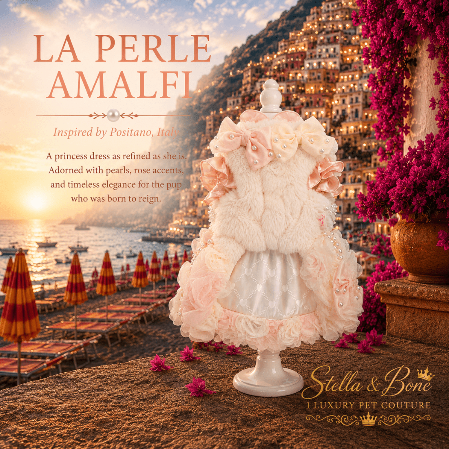 La Perle Amalfi pet dress featuring a white faux fur collar, pink rose and cream appliqués, and pearl accents. Weddings