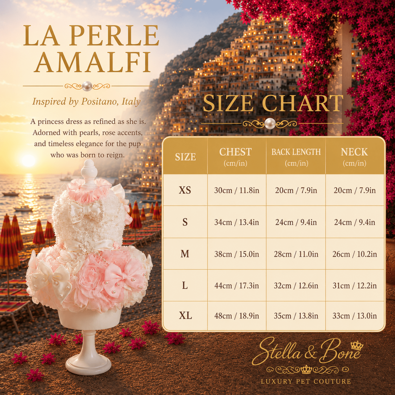 La Perle Amalfi size chart showing a size table from XS to XL with chest, back length, and neck measurements.  Positano, Italy