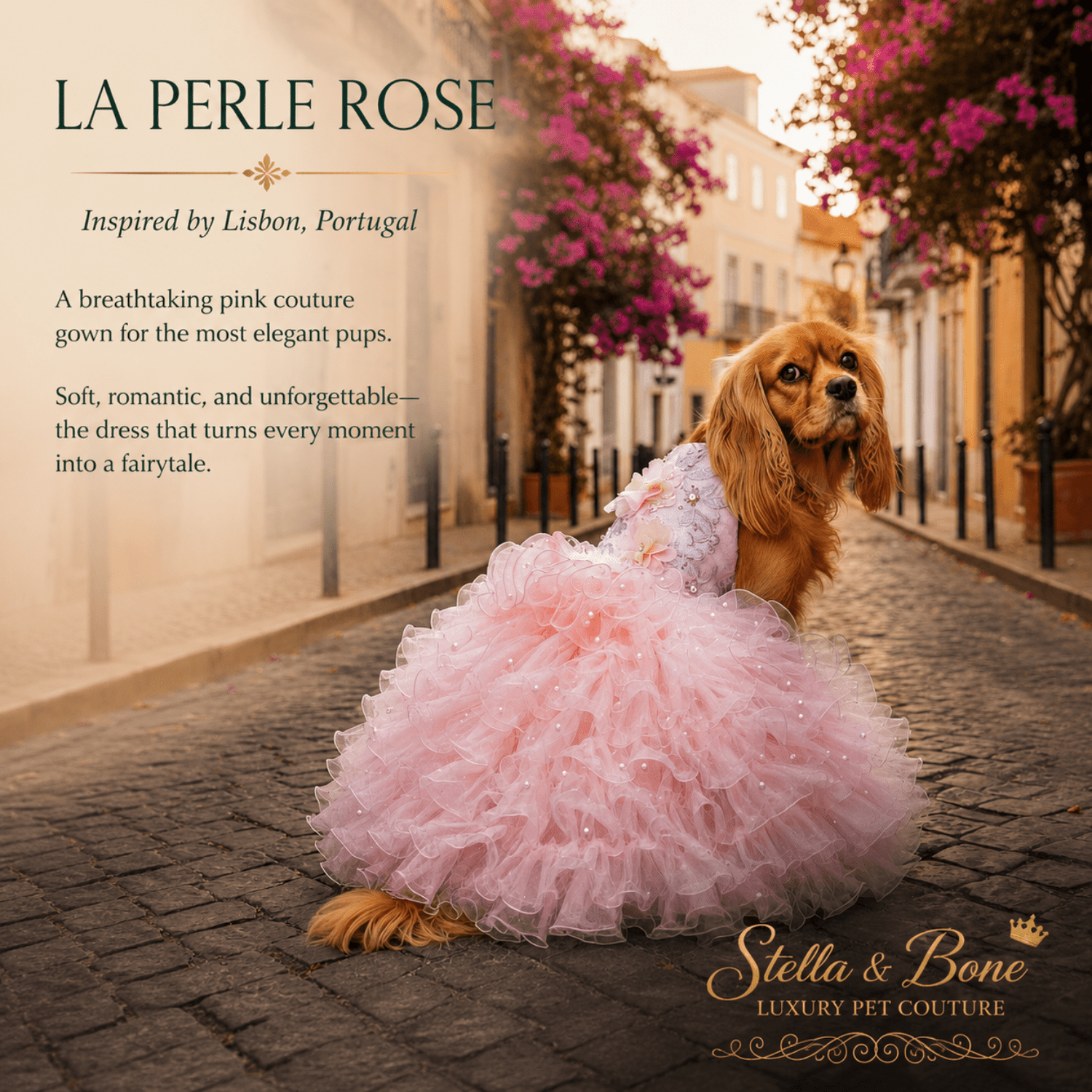 Small dog wearing La Perle Rose, couture gown perfect for weddings, formal events, photo shoots and birthdays