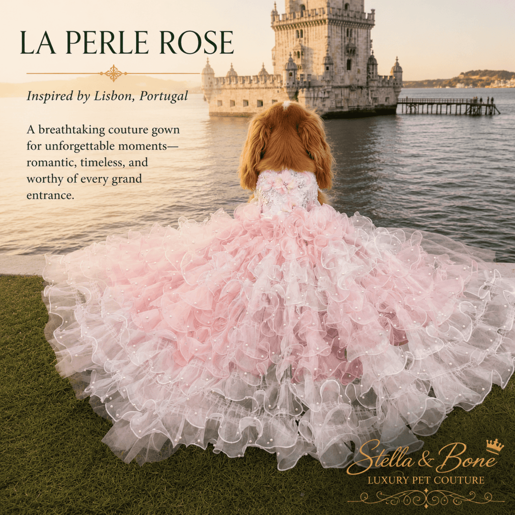Small dog modeling the back of La Perle Rose, lustrous pearl embellishments with crystal rhinestones.