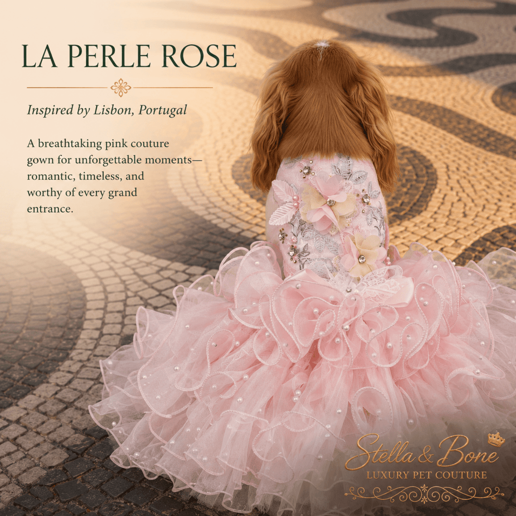 Close-up detail of La Perle Rose, a pink couture dog gown, Dramatic voluminous princess silhouette - great for weddngs