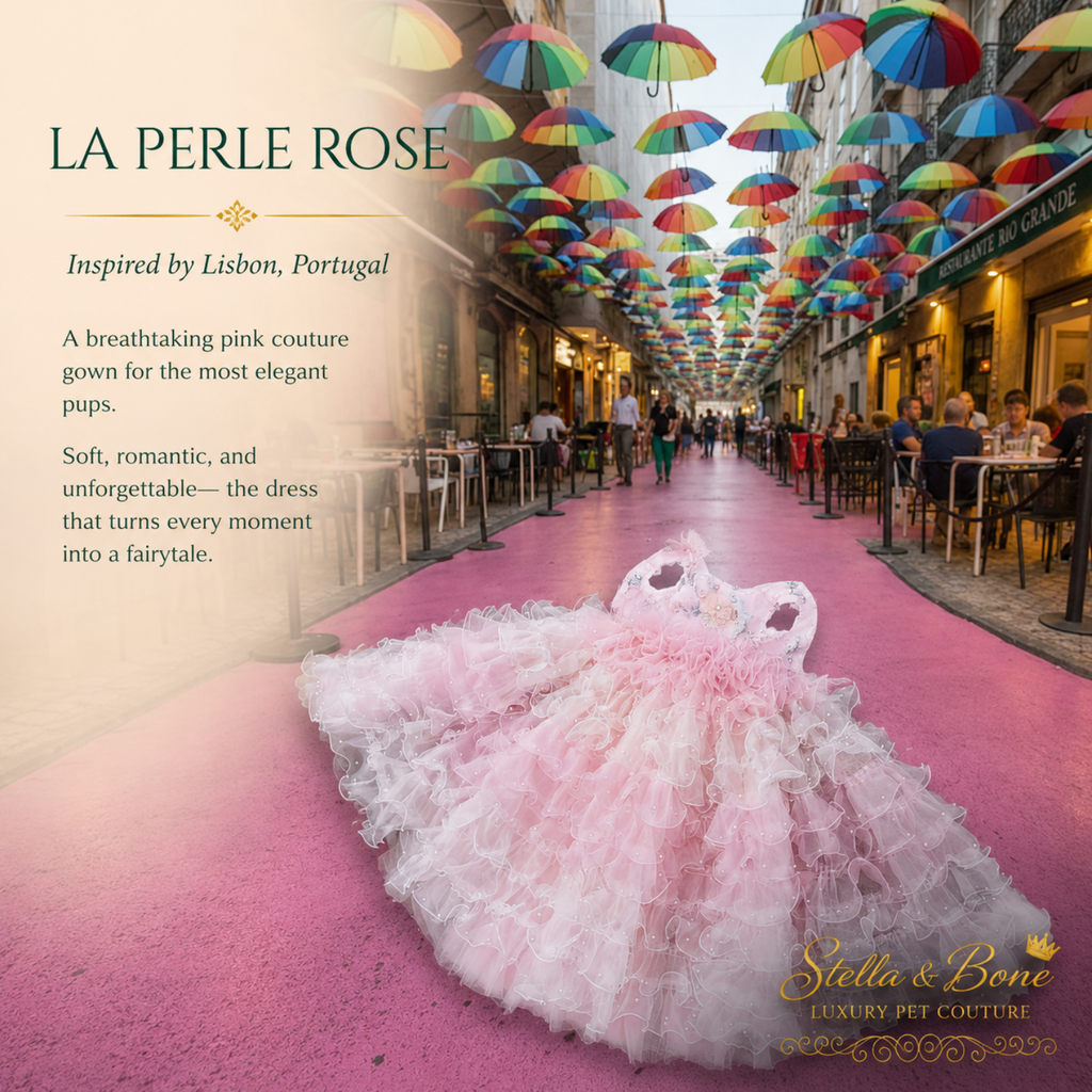 La Perle Rose displayed on Pink Street, in Portugal. Beautiful couture gown for dogs attending wedding, birthday