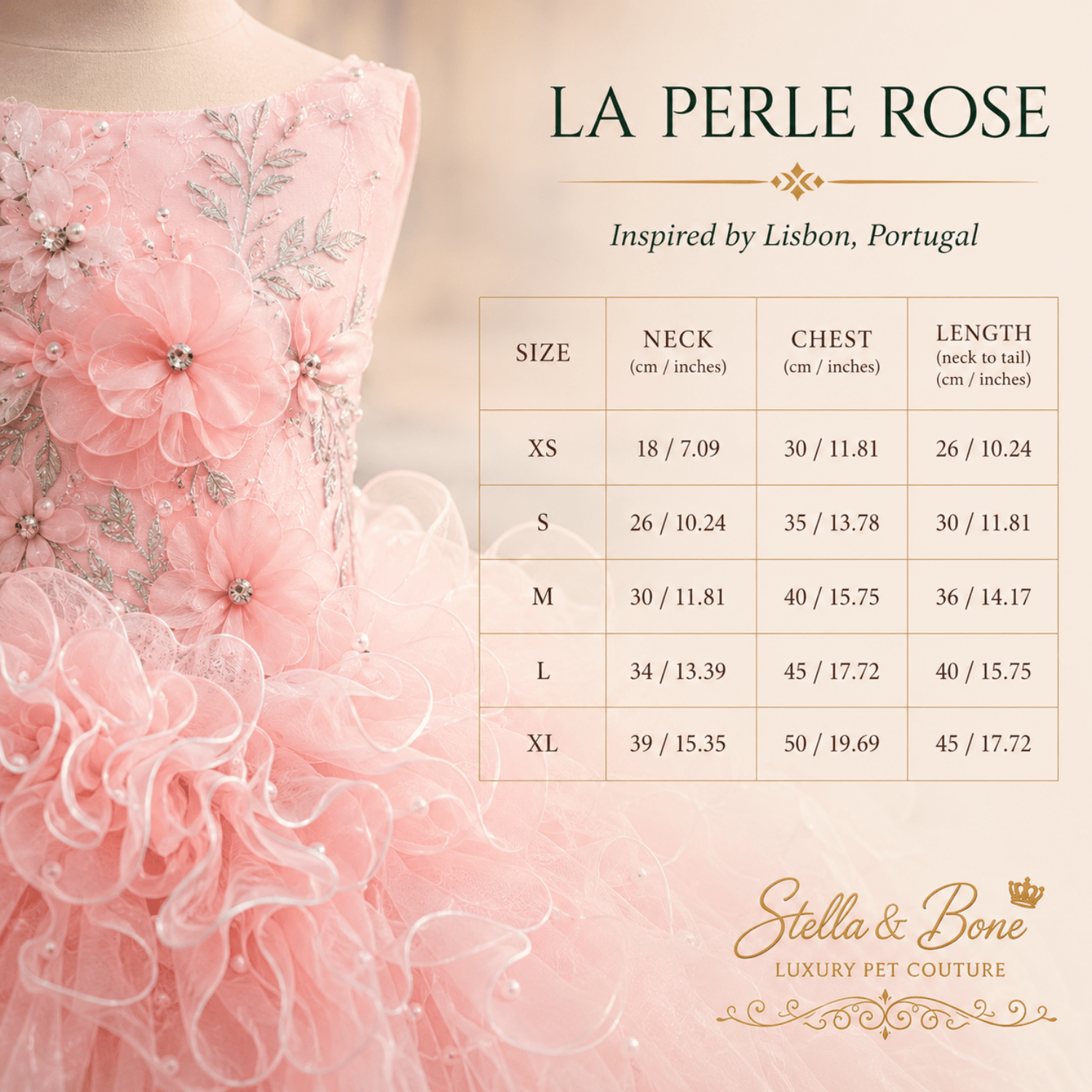 La Perle Rose size chart for dog gown