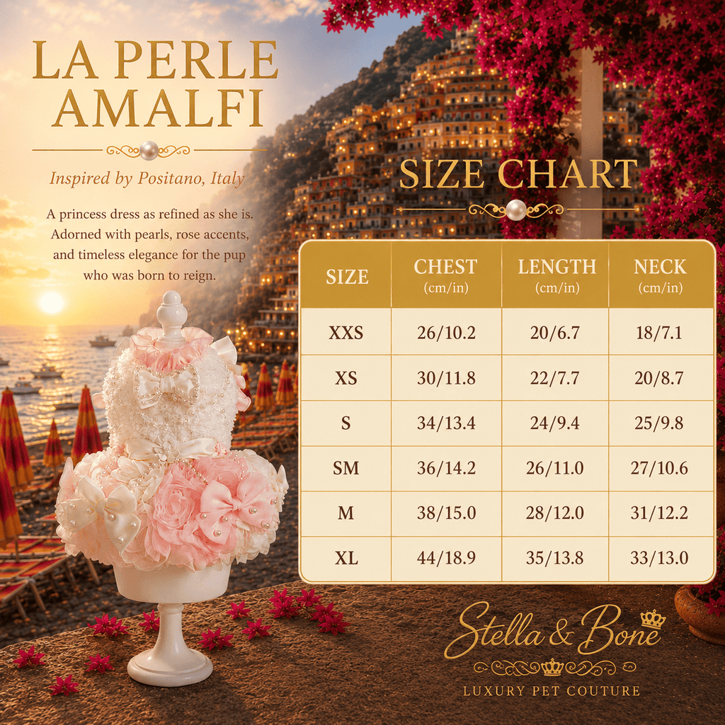 La Perle Amalfi pink pearl rose dog gown size chart XXS to XL — chest length and neck in cm and inches