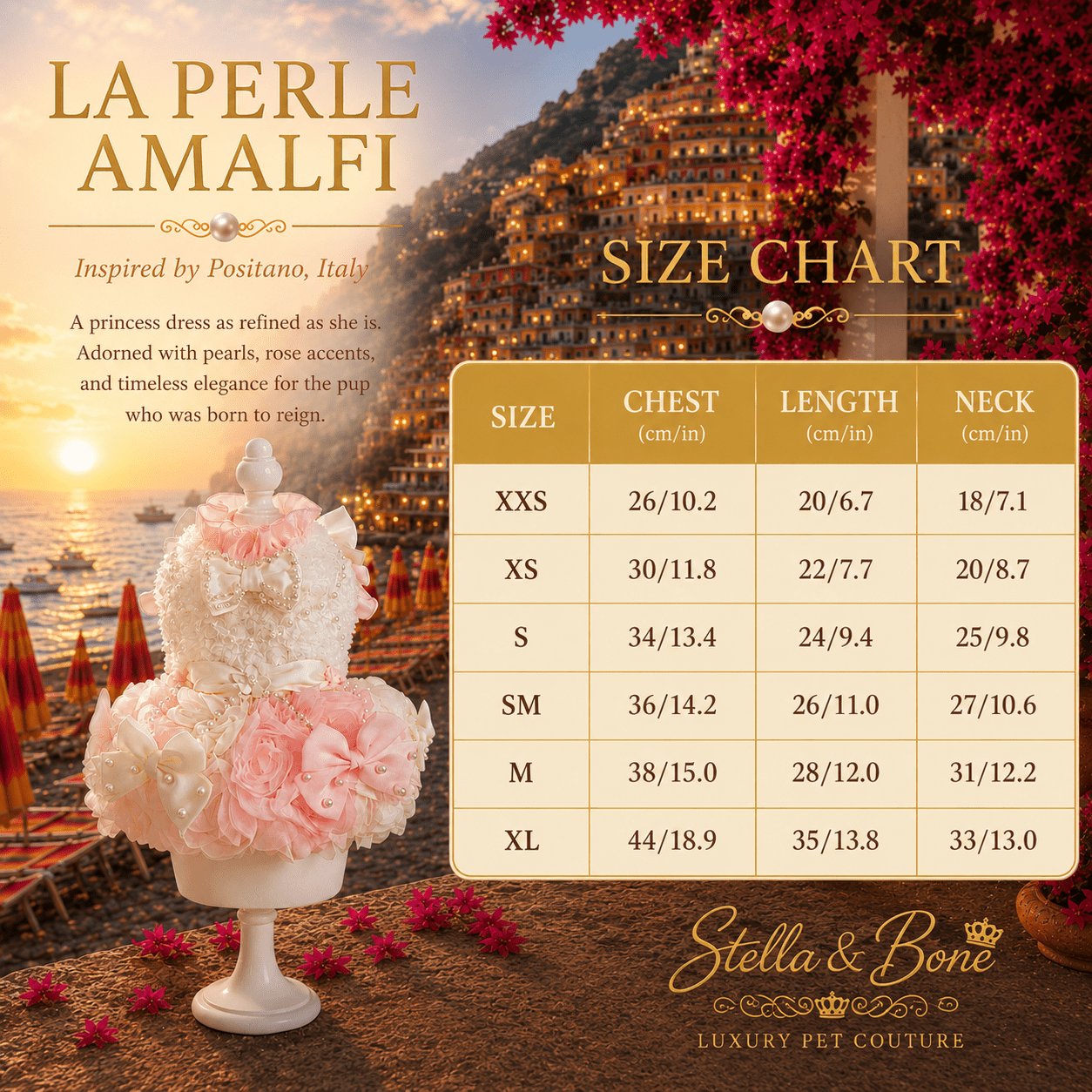 La Perle Amalfi pink pearl rose dog gown size chart XXS to XL — chest length and neck in cm and inches