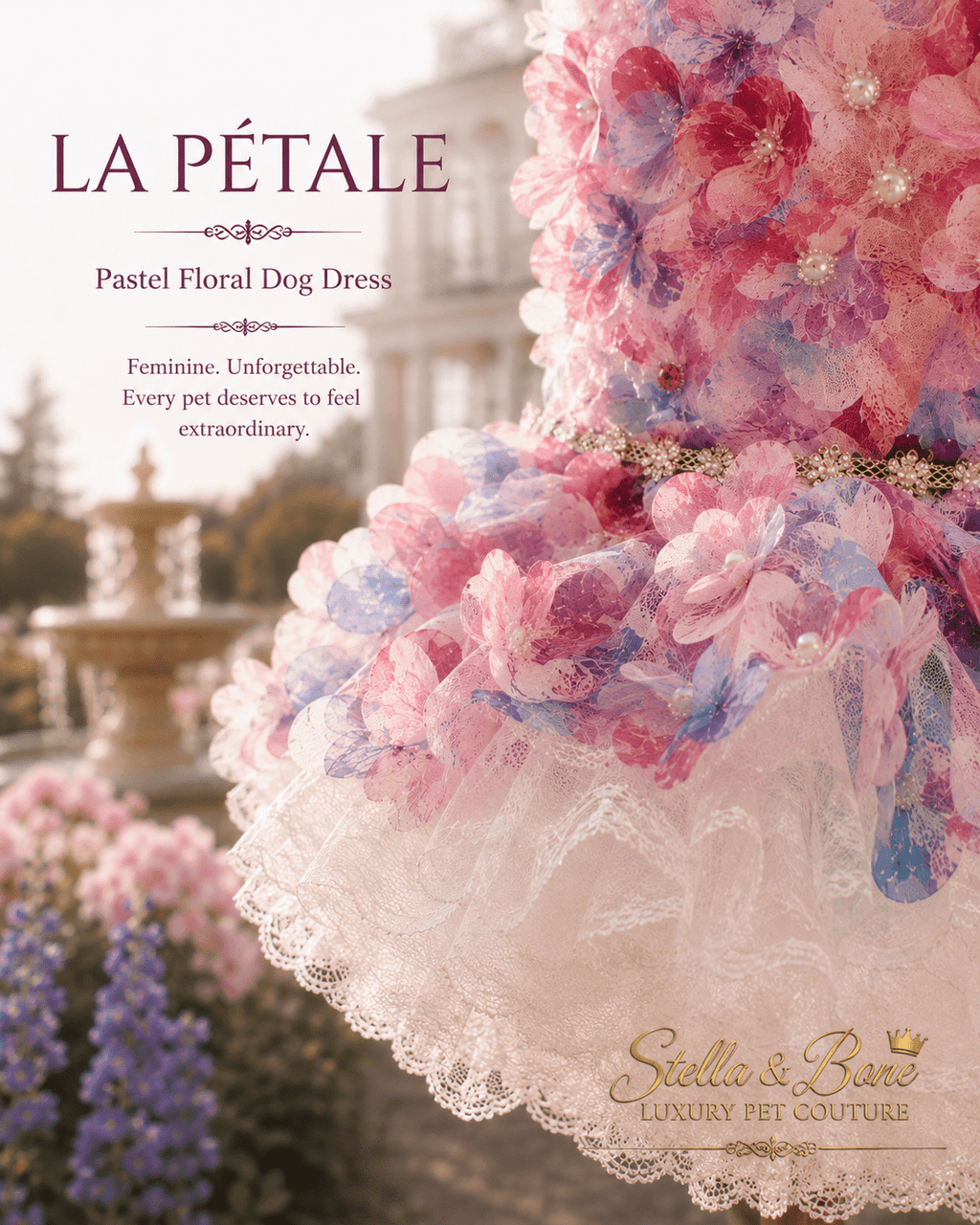 Close-up of La Petale pastel floral dog dress skirt with lace ruffle hem and garden fountain, for small dogs