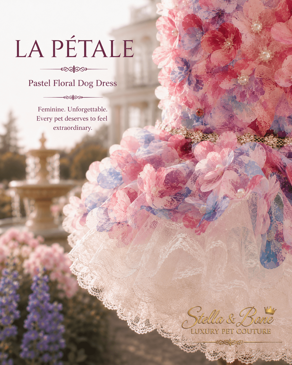 Close-up of La Petale pastel floral dog dress skirt with lace ruffle hem and garden fountain, for small dogs