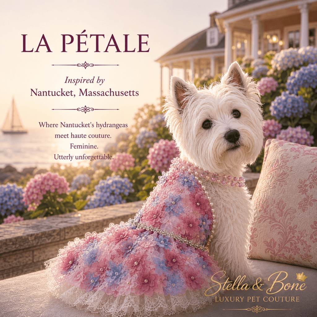 Westie dog wearing La Petale pastel 3D floral dress with pearl collar at Nantucket cottage — luxury dog dress