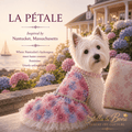 Westie dog wearing La Petale pastel 3D floral dress with pearl collar at Nantucket cottage — luxury dog dress