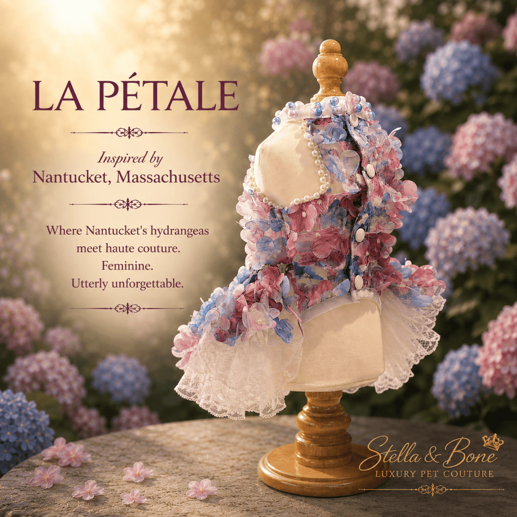 La Petale pastel floral dog dress on mannequin from behind in hydrangea garden at golden hour. Luxury Pet Couture.