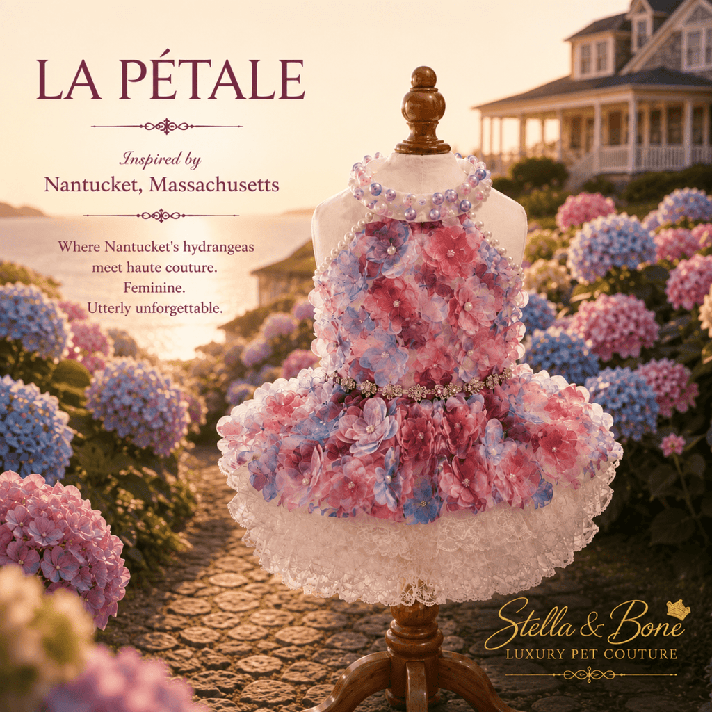 La Petale 3D floral dog dress front view on mannequin with pearl collar on Nantucket cobblestone path at sunset. Weddings.