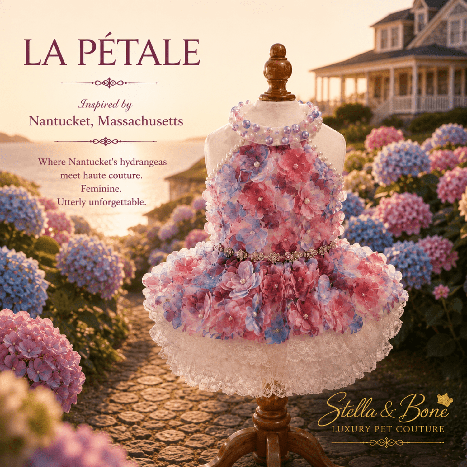 La Petale 3D floral dog dress front view on mannequin with pearl collar on Nantucket cobblestone path at sunset. Weddings.