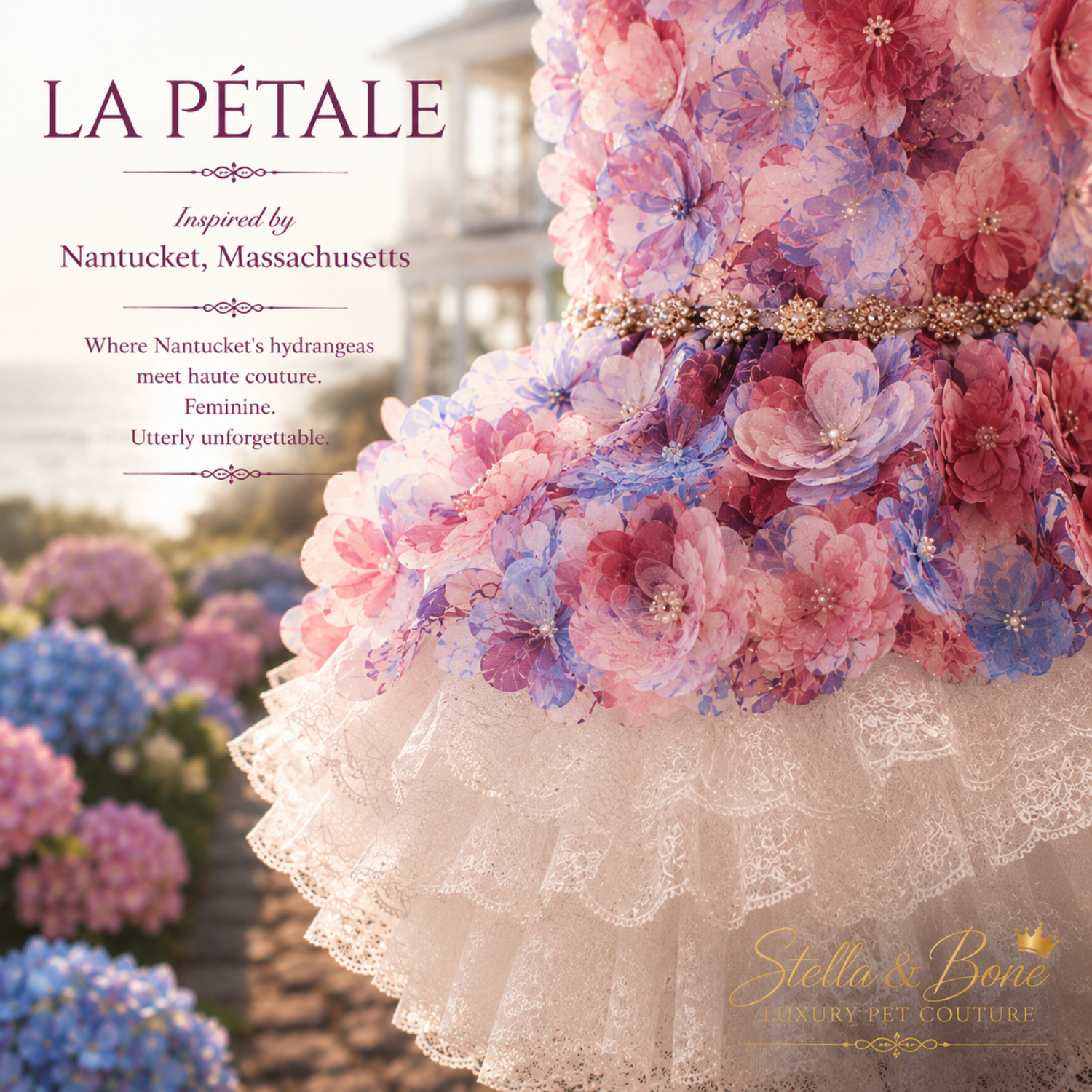 Close-up of La Petale dog dress showing 3D pastel flowers pearl waist belt and layered lace ruffle hem. Perfect for wedding