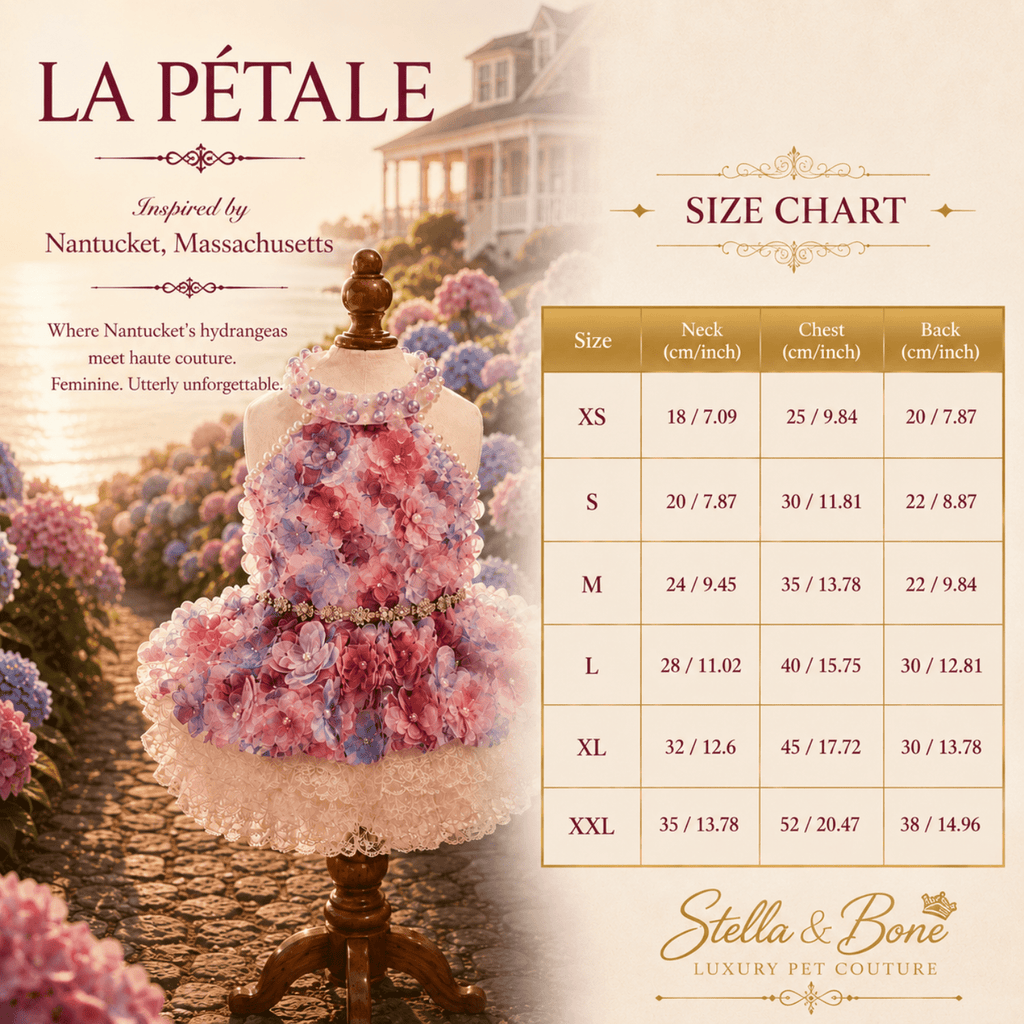 La Petale pastel floral dog dress size chart XS to XXL neck chest and back in cm and inches. Great for special occasions.