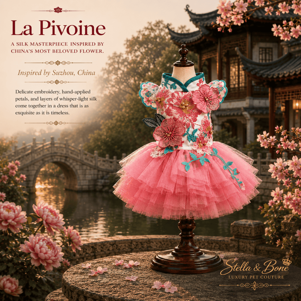 La Pivoine, a silk peony dog dress on mannequin at Suzhou garden — the perfect birthday outfit for small dogs