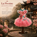 La Pivoine, a silk peony dog dress on mannequin at Suzhou garden — the perfect birthday outfit for small dogs