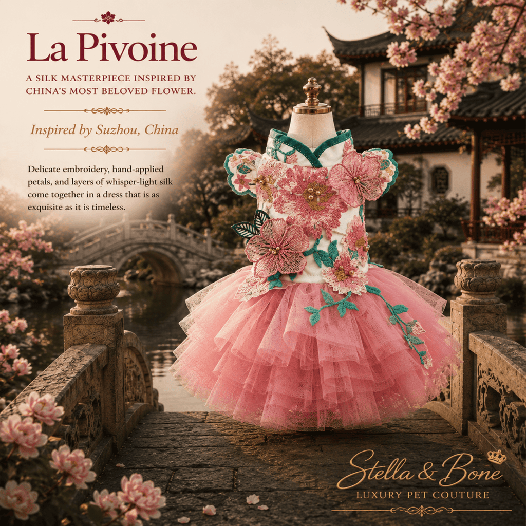 La Pivoine, Layered pink tulle peony dog dress inspired by Suzhou China — fancy small dog dress for birthdays and portraits