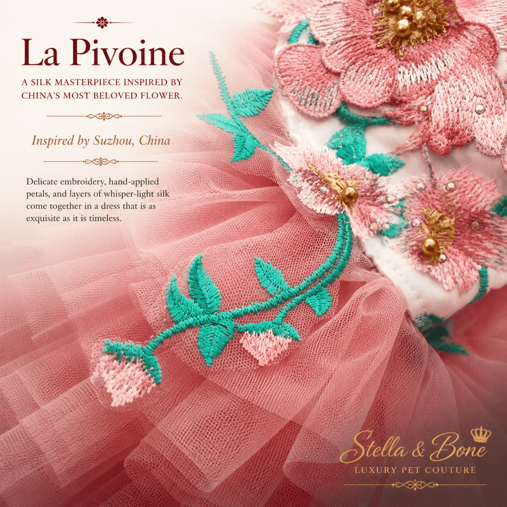 Close-up of La Pivoine,  hand-embroidered peony petals and teal leaf vines on pink tulle — luxury silk dog dress detail