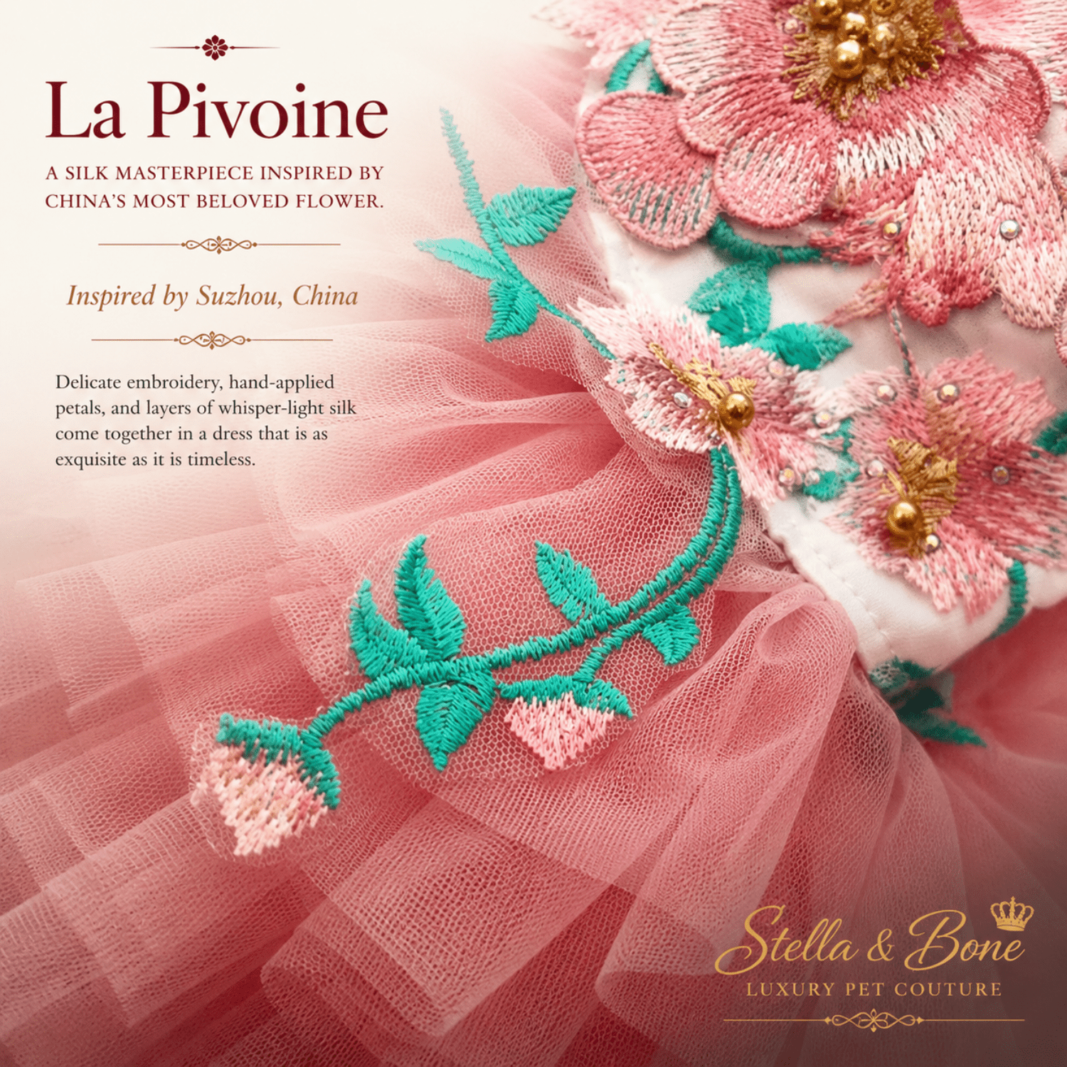 Close-up of La Pivoine,  hand-embroidered peony petals and teal leaf vines on pink tulle — luxury silk dog dress detail