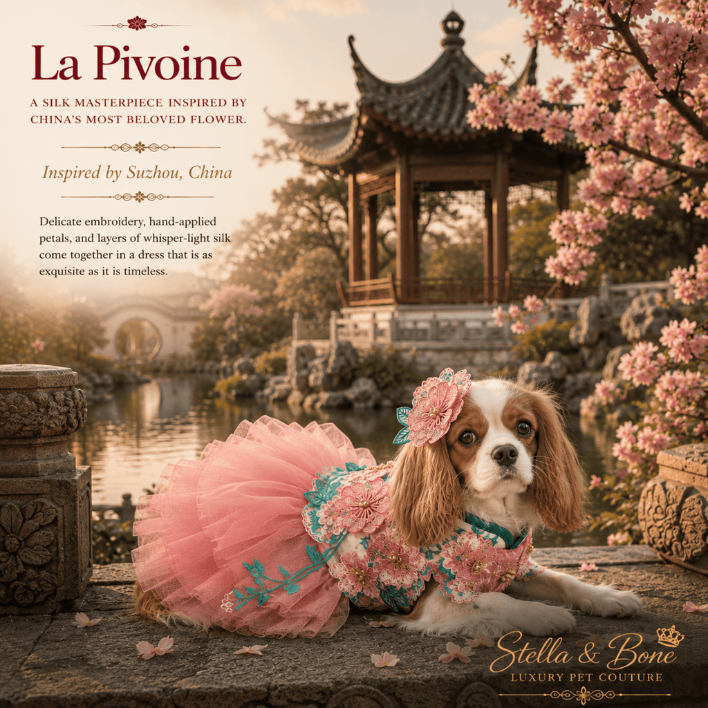 Cavalier King Charles Spaniel in La Pivoine pink peony dress at Suzhou garden — birthday dog dress by Stella and Bone