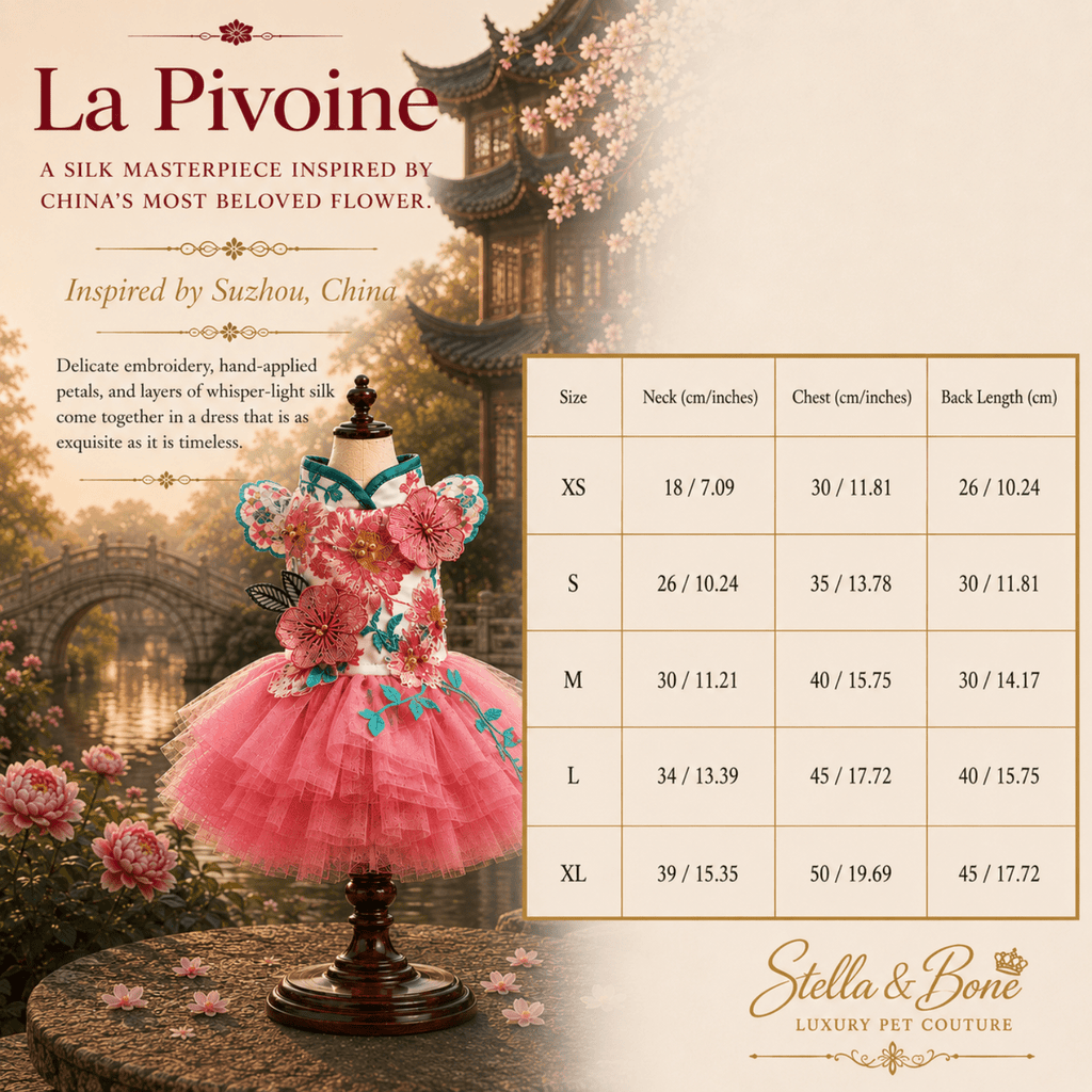 La Pivoine silk peony dog dress size chart XS to XL neck chest and back in cm and inches — Stella and Bone