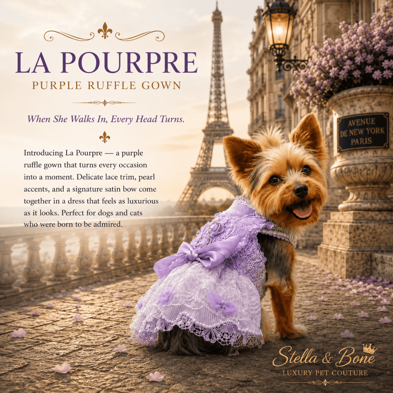 La Pourpre Purple Ruffle Gown — Yorkshire Terrier in purple lace dog dress for weddings and birthdays by Eiffel Tower