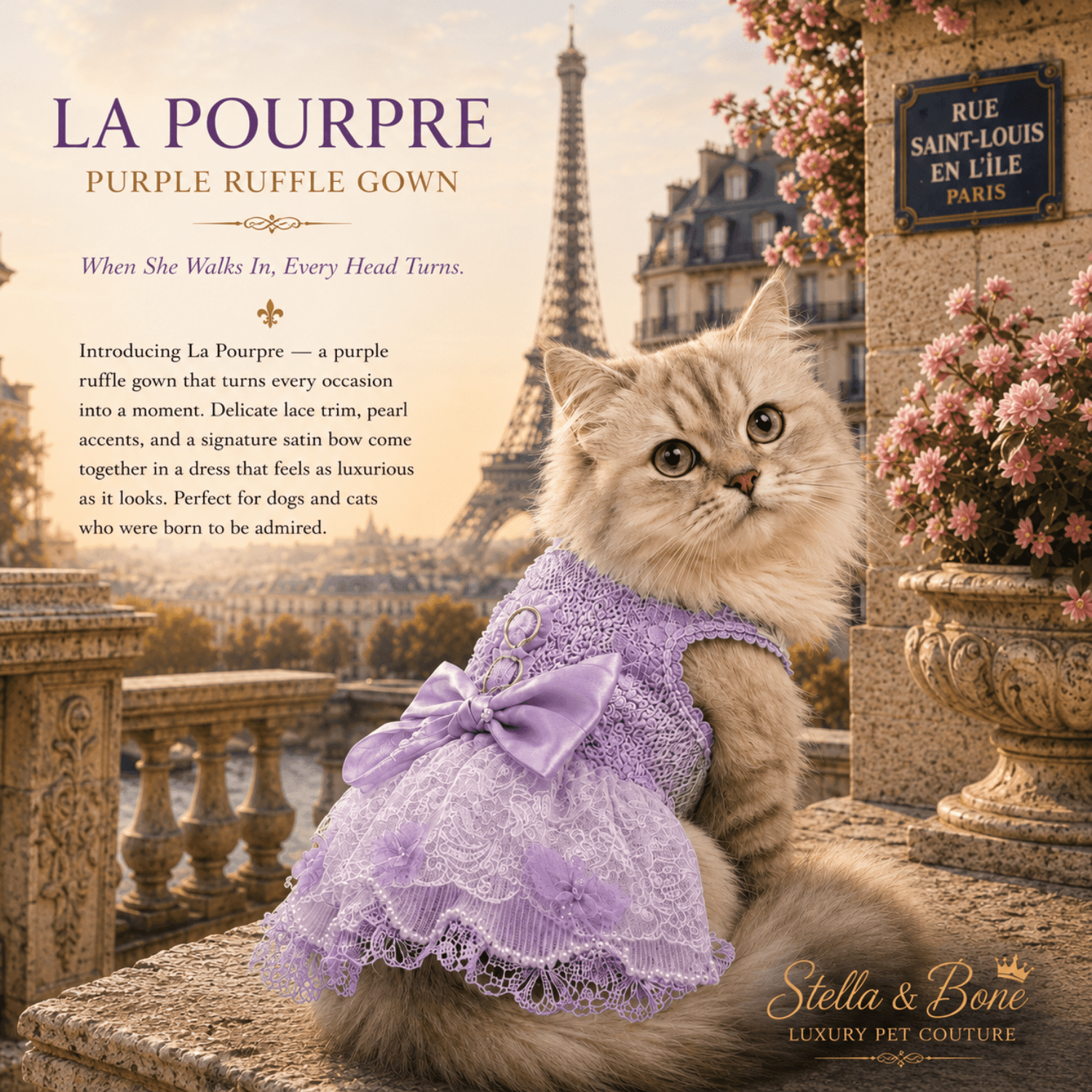 La Pourpre Purple Ruffle Gown — Persian cat in purple lace gown with satin bow for weddings and birthdays in Paris