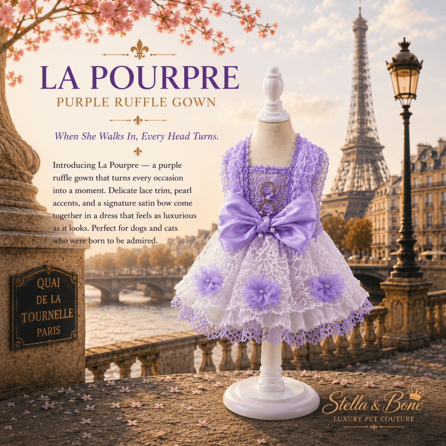 La Pourpre Purple Ruffle Gown — purple lace ruffle dog gown with pearl bow on Paris Seine for weddings and birthdays