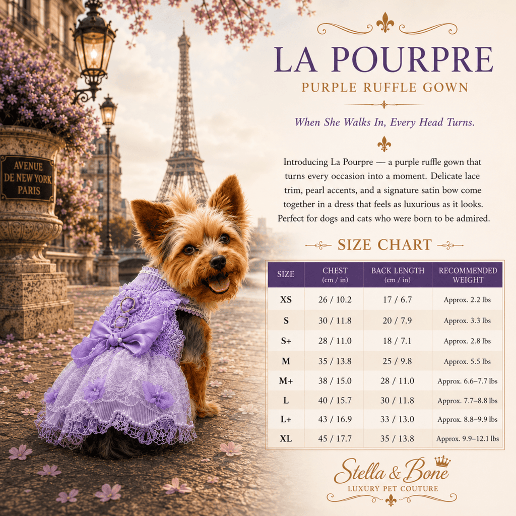 La Pourpre Purple Ruffle Gown — size chart XS to XL for purple lace wedding and birthday dog dress by Stella and Bone