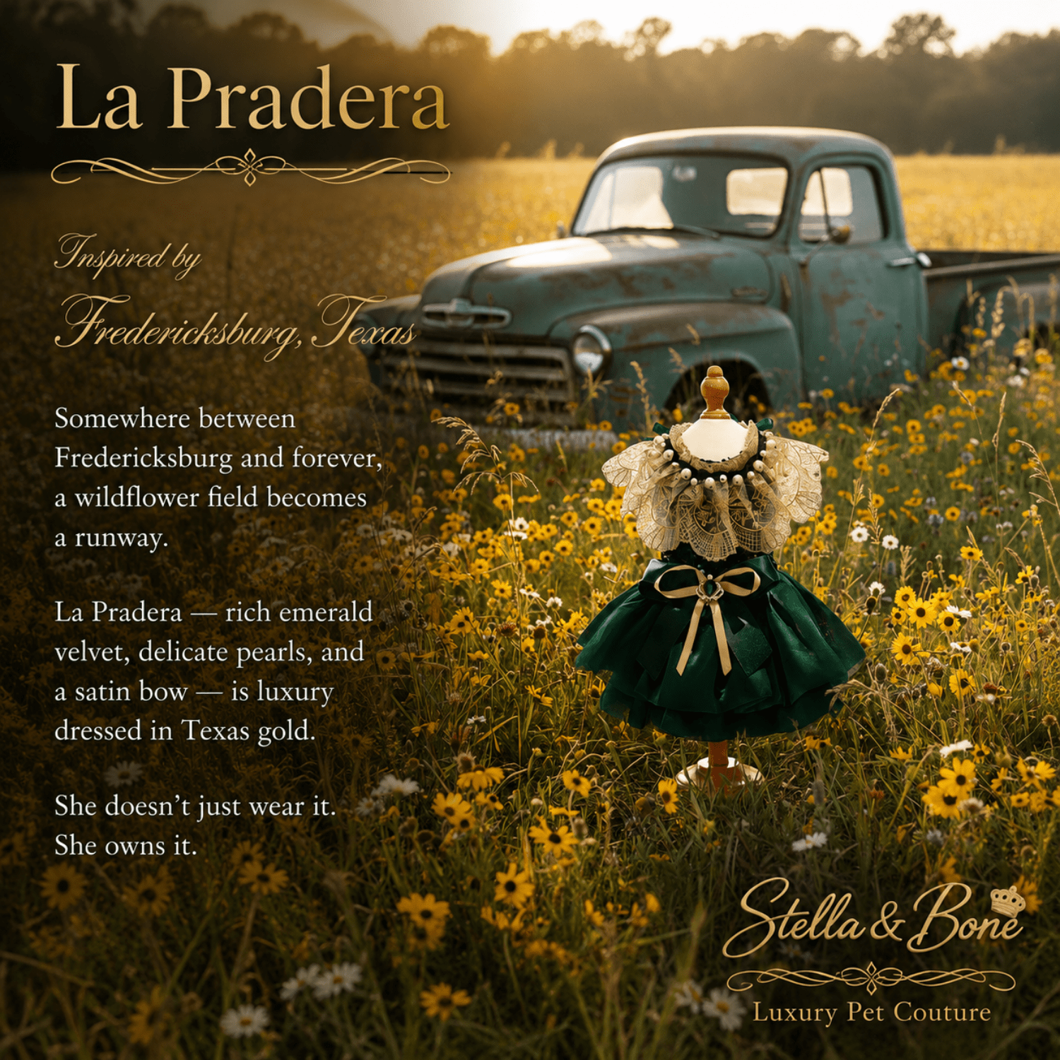 Yorkie in La Pradera Emerald Pearl Garden Dress Dogs and Cats — weddings in Fredericksburg Texas wildflower field