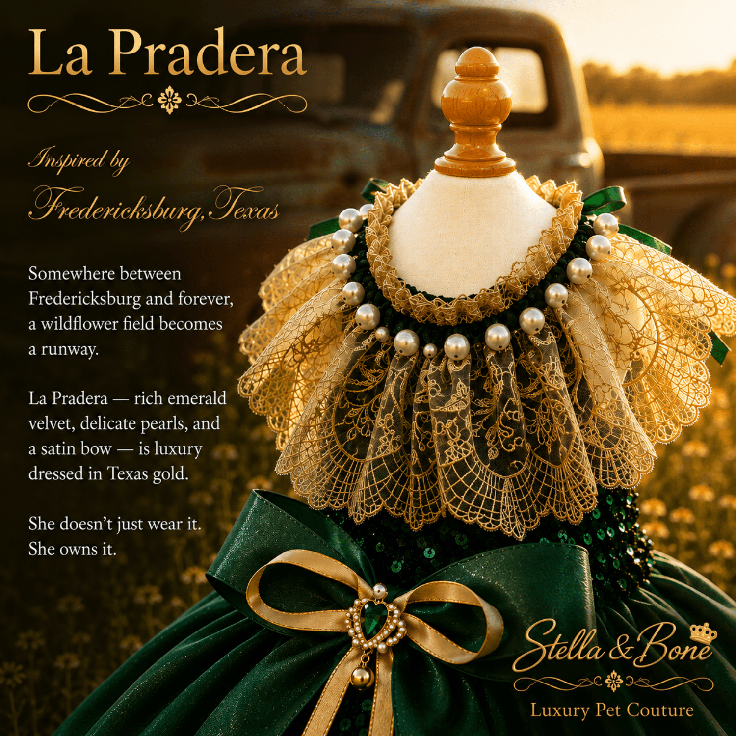 La Pradera Emerald Pearl Garden Dress Dogs and Cats — emerald velvet dress with pearl collar in Texas wildflower field