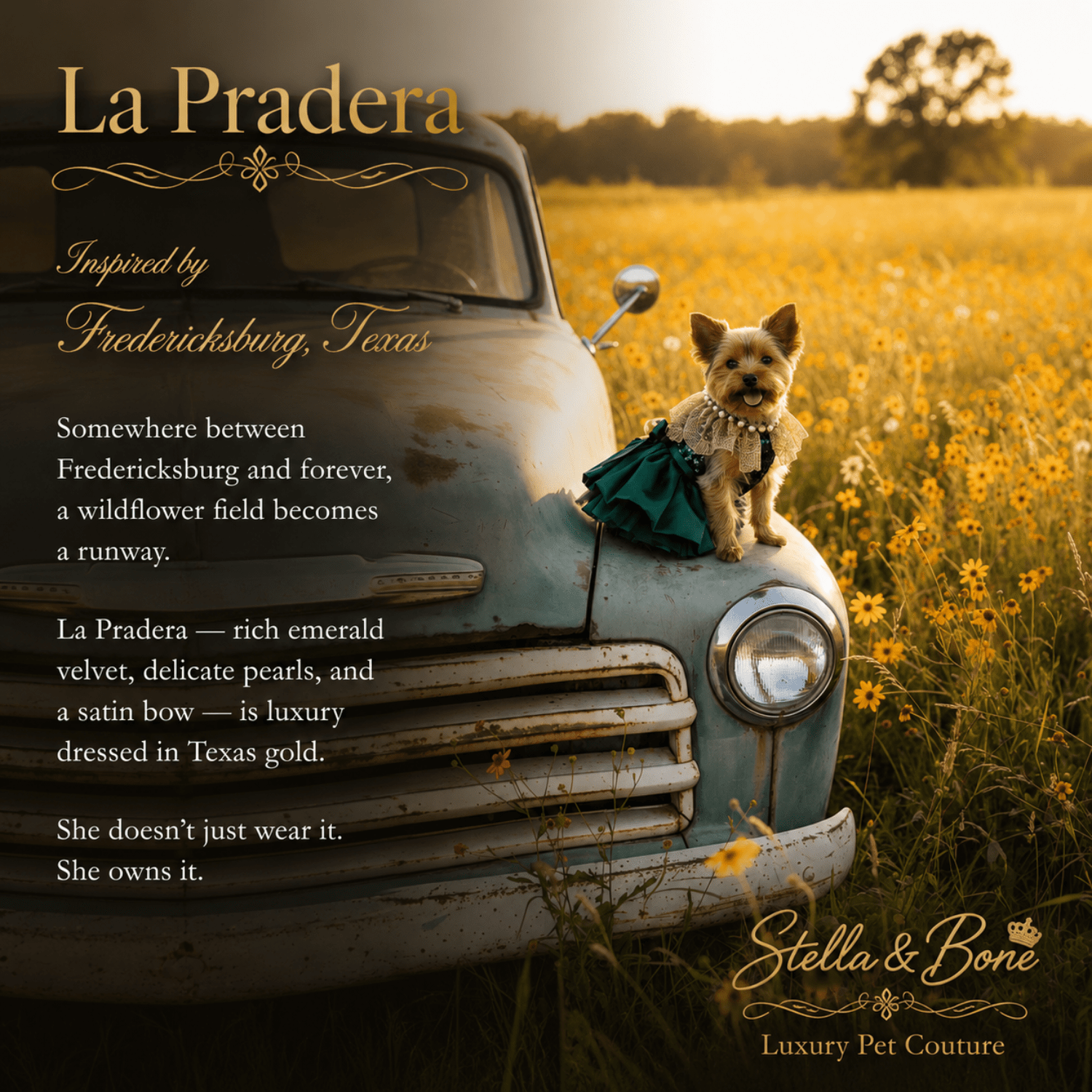 La Pradera Emerald Pearl Garden Dress Dogs and Cats — emerald velvet and gold lace dress in Texas wildflower field
